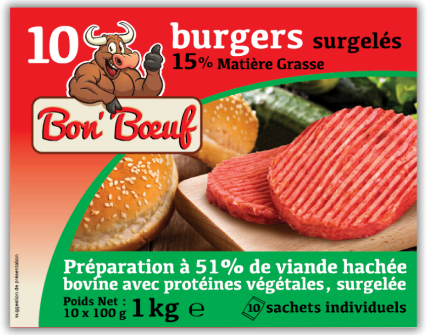 viande hachée bovine avec proteines végétales surgélée, burger paddy