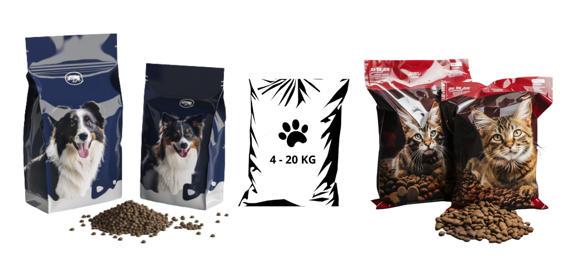 Customized dog and cat food in bags of various sizes